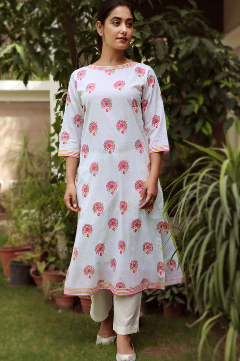 Cambric Cotton Kurta In Floral Block Print